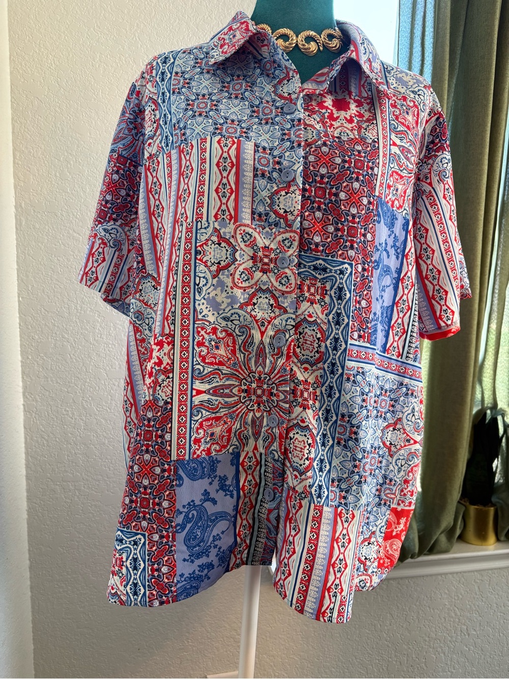 Bon Worth Red & Blue Patchwork Button-Down Shirt